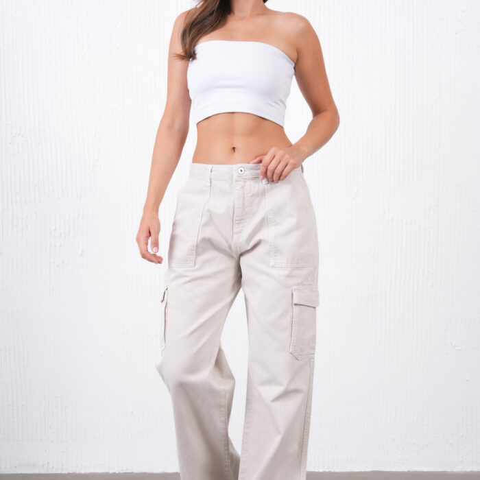Krem Rengi Kargo Pantolon
